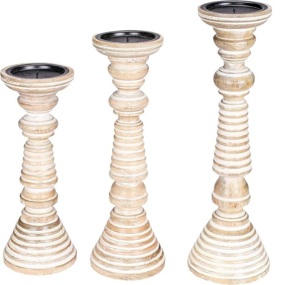 Set of 3 Wooden Pillar Candle Holders – 16", 14", 12" Tall Farmhouse White Wash